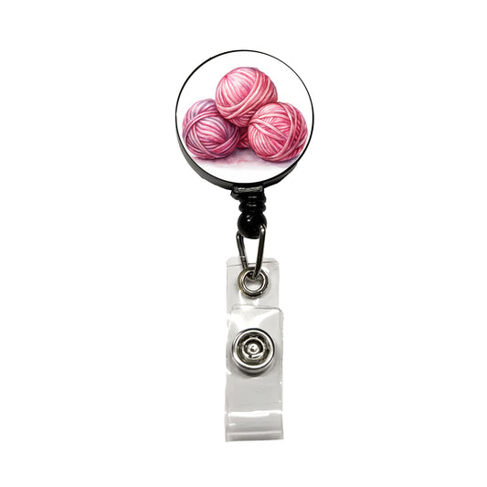 Balls Of Pink Yarn Knitting Crochet Watercolor Retractable ID Key Card Name Tag Badge Holder with Clip
