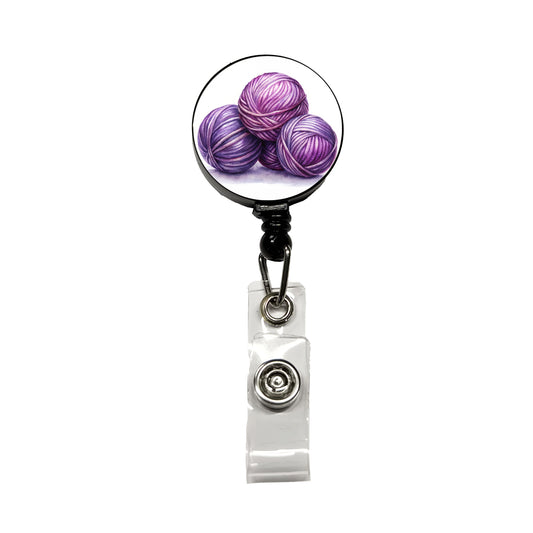 Balls Of Purple Yarn Knitting Crochet Watercolor Retractable ID Key Card Name Tag Badge Holder with Clip