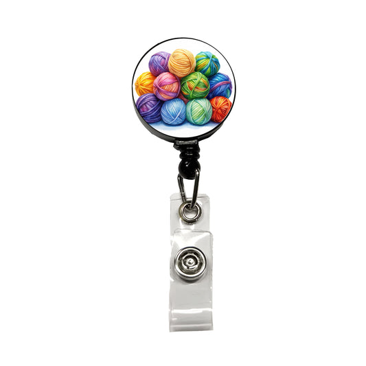 Balls Of Rainbow Yarn Knitting Crochet Watercolor Retractable ID Key Card Name Tag Badge Holder with Clip