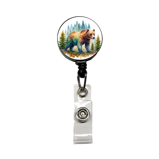 Bear In Forest Watercolor Design Retractable ID Key Card Name Tag Badge Holder with Clip