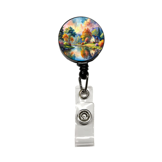 Beautiful Cottage Watercolor Retractable ID Key Card Name Tag Badge Holder with Clip