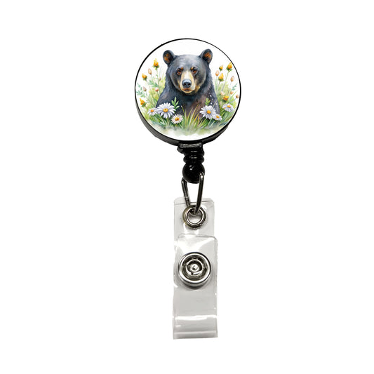Black Bear Watercolor Design With Daisies Retractable ID Key Card Name Tag Badge Holder with Clip