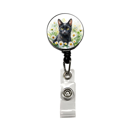 Black Cat Watercolor Design With Daisies Retractable ID Key Card Name Tag Badge Holder with Clip