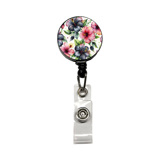 Black Pink Hibiscus Flowers Watercolor Retractable ID Key Card Name Tag Badge Holder with Clip