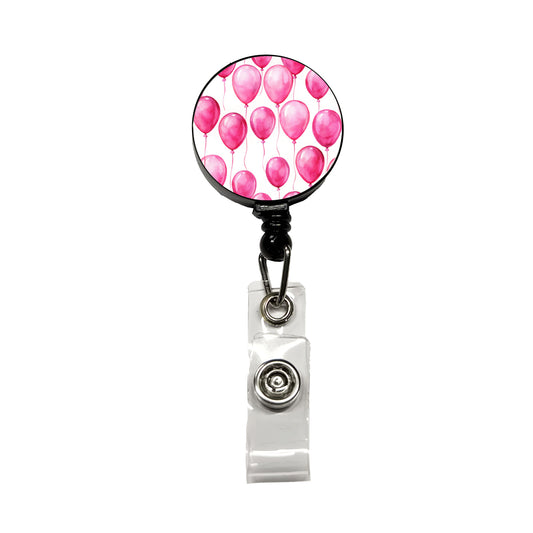 Bright Pink Balloons Watercolor Birthday Retractable ID Key Card Name Tag Badge Holder with Clip