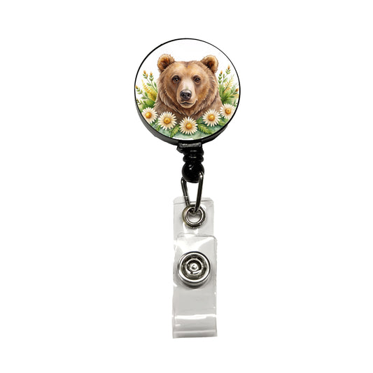 Brown Bear Watercolor Design With Daisies Retractable ID Key Card Name Tag Badge Holder with Clip