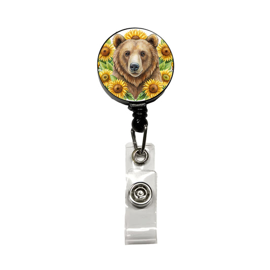 Brown Bear Watercolor Design With Sunflowers Retractable ID Key Card Name Tag Badge Holder with Clip