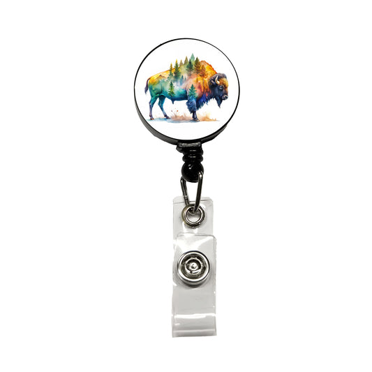 Buffalo In Forest Watercolor Design Retractable ID Key Card Name Tag Badge Holder with Clip