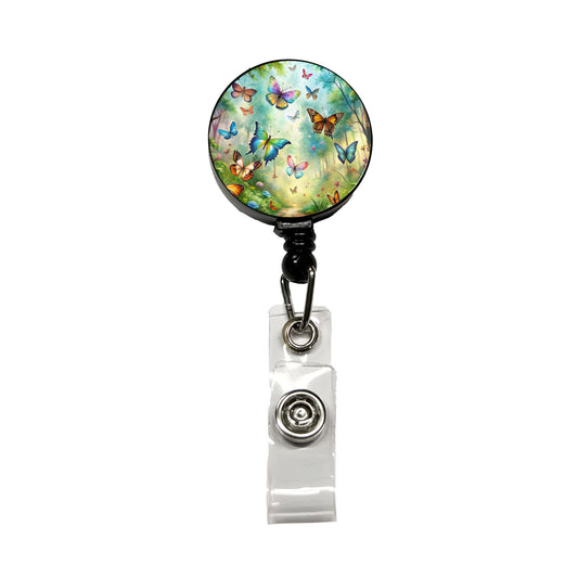 Butterflies In Forest Fantasy Watercolor Retractable ID Key Card Name Tag Badge Holder with Clip