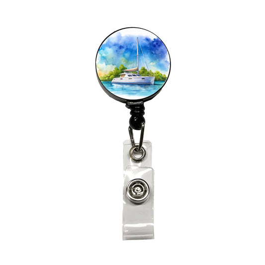 Catamaran At Sea Watercolor Design Retractable ID Key Card Name Tag Badge Holder with Clip