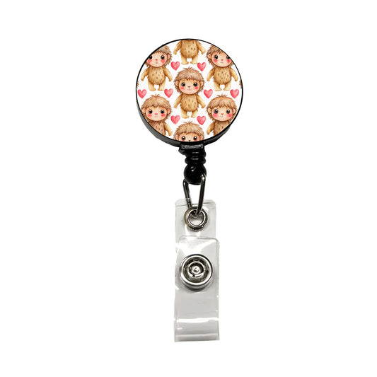 Chibi Sasquatch Big Foot Hearts Watercolor Retractable ID Key Card Name Tag Badge Holder with Clip