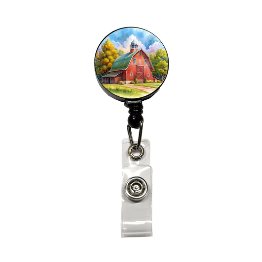 Classic Red Barn Watercolor Retractable ID Key Card Name Tag Badge Holder with Clip