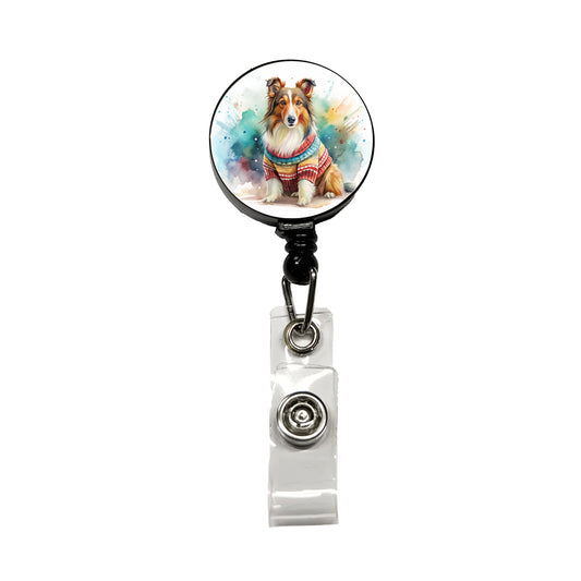 Collie Dog Wearing A Sweater Watercolor Retractable ID Key Card Name Tag Badge Holder with Clip