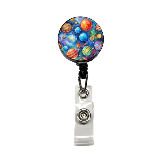 Colorful Planets In Space Watercolor Retractable ID Key Card Name Tag Badge Holder with Clip