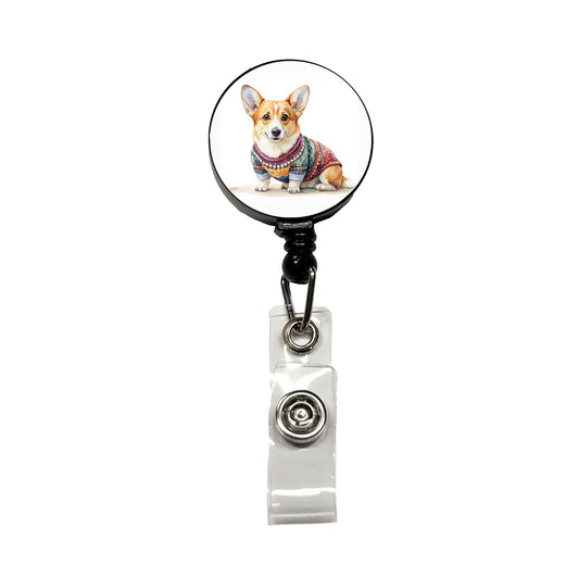 Corgi Dog Wearing A Sweater Watercolor Retractable ID Key Card Name Tag Badge Holder with Clip