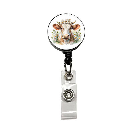 Cow Watercolor With Daisies Retractable ID Key Card Name Tag Badge Holder with Clip