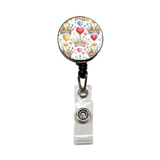 Crowns Royalty Tiaras Hearts Watercolor Retractable ID Key Card Name Tag Badge Holder with Clip