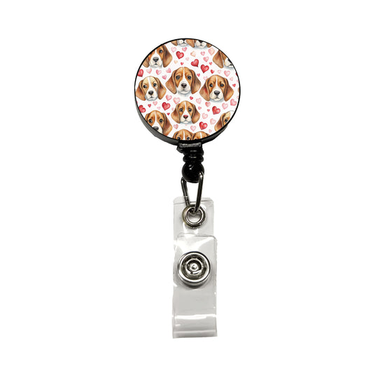 Cute Beagle Dog Faces Hearts Retractable ID Key Card Name Tag Badge Holder with Clip