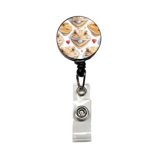 Cute Bearded Dragon Faces Hearts Retractable ID Key Card Name Tag Badge Holder with Clip