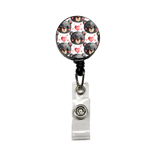Cute Black Bear Faces Hearts Retractable ID Key Card Name Tag Badge Holder with Clip