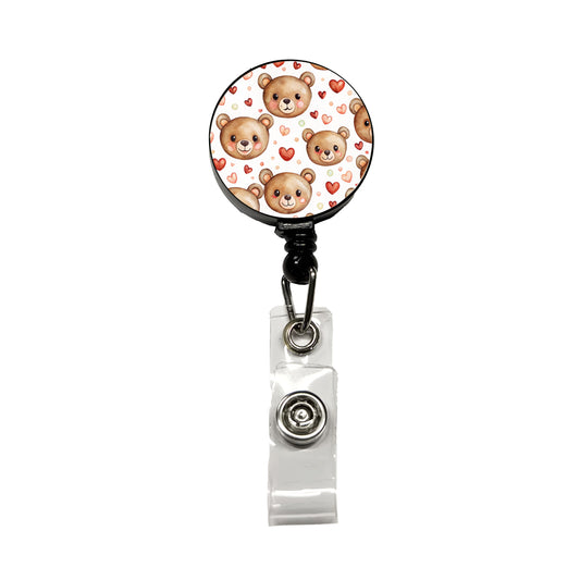 Cute Brown Bear Faces Hearts Retractable ID Key Card Name Tag Badge Holder with Clip