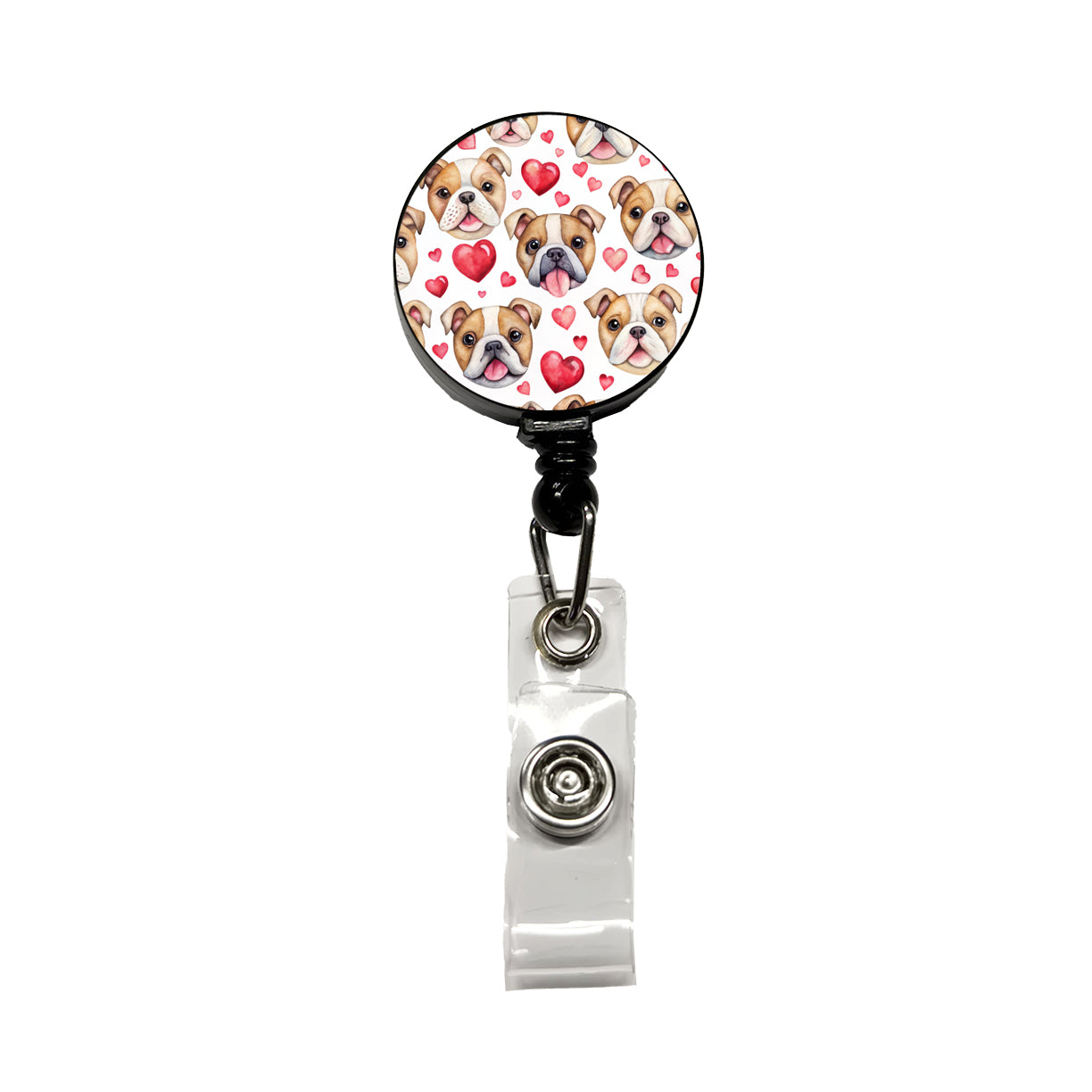 Cute Bulldog Dog Faces Hearts Retractable ID Key Card Name Tag Badge Holder with Clip