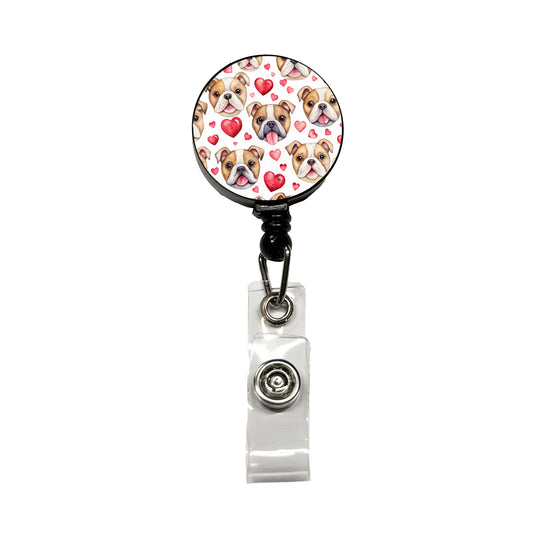 Cute Bulldog Dog Faces Hearts Retractable ID Key Card Name Tag Badge Holder with Clip