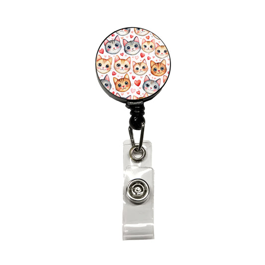 Cute Cat Faces Hearts Watercolor Retractable ID Key Card Name Tag Badge Holder with Clip