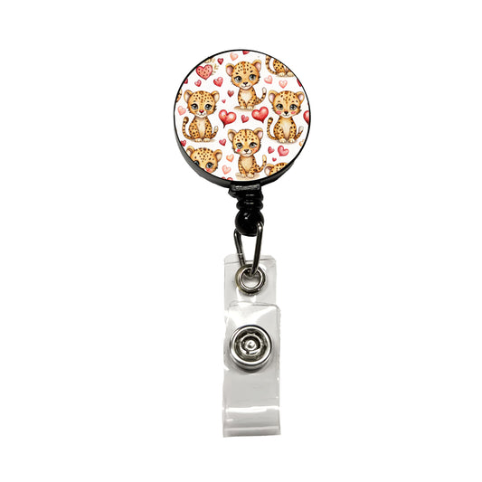 Cute Cheetahs Hearts Watercolor Retractable ID Key Card Name Tag Badge Holder with Clip
