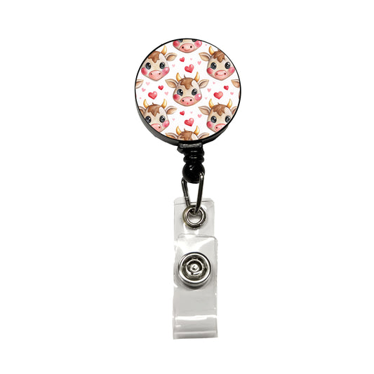 Cute Cow Faces Hearts Watercolor Retractable ID Key Card Name Tag Badge Holder with Clip