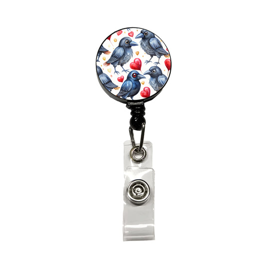 Cute Crows Hearts Watercolor Retractable ID Key Card Name Tag Badge Holder with Clip