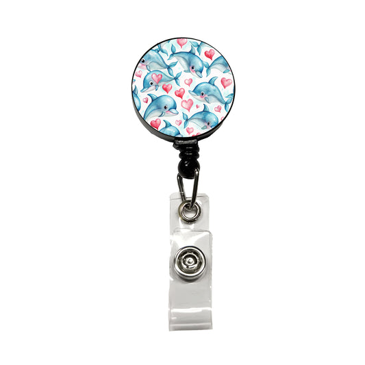 Cute Dolphin Faces Hearts Retractable ID Key Card Name Tag Badge Holder with Clip