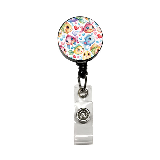 Cute Fish Faces Hearts Watercolor Retractable ID Key Card Name Tag Badge Holder with Clip