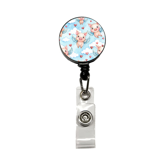 Cute Flying Pigs Hearts Watercolor Retractable ID Key Card Name Tag Badge Holder with Clip