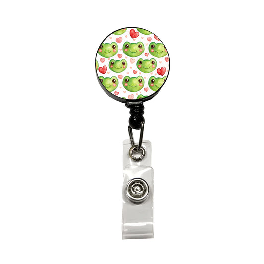 Cute Frog Faces Hearts Watercolor Retractable ID Key Card Name Tag Badge Holder with Clip