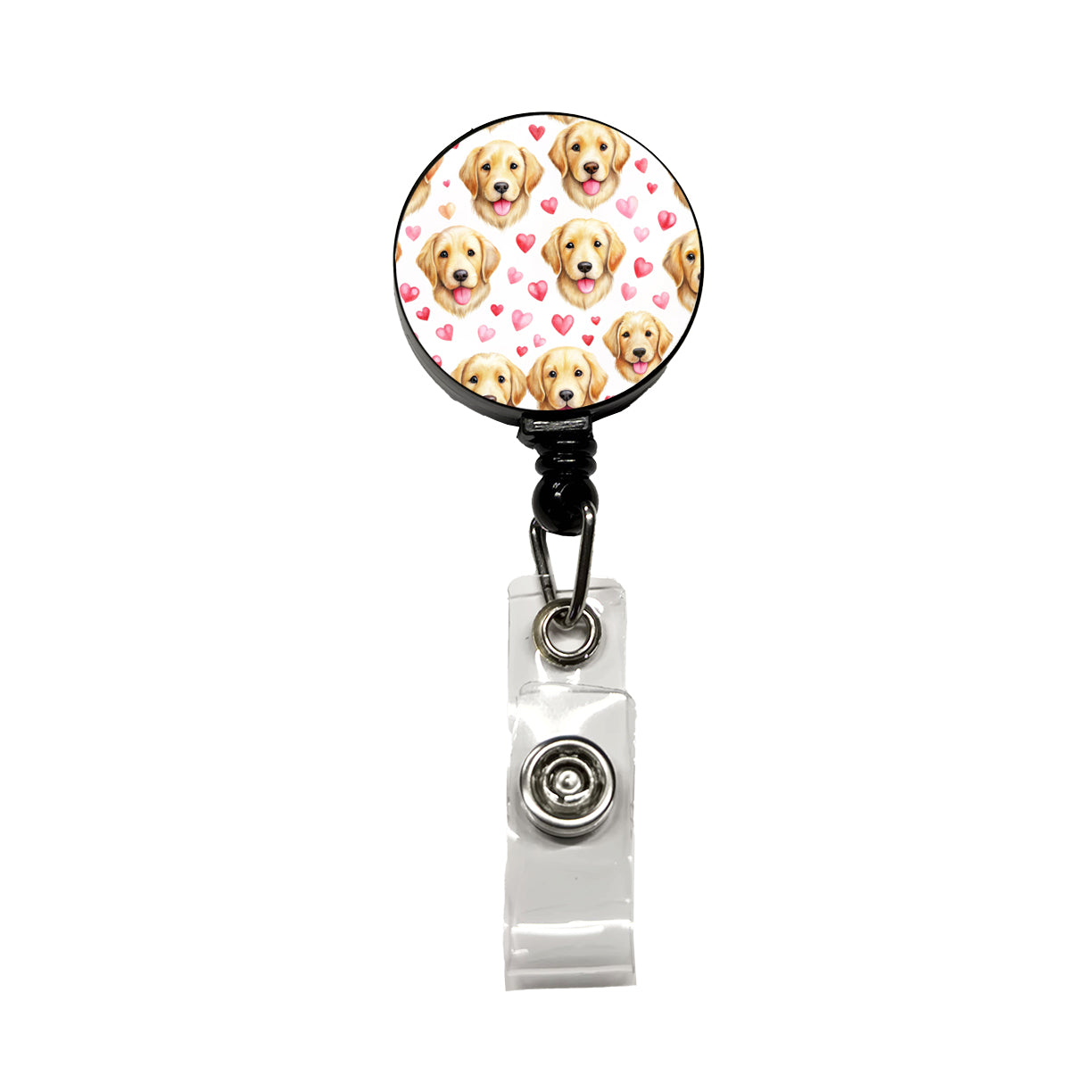 Cute Golden Retriever Dog Faces Hearts Retractable ID Key Card Name Tag Badge Holder with Clip
