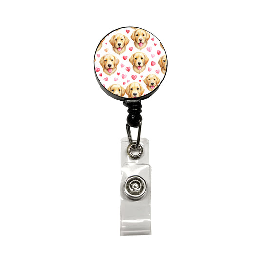 Cute Golden Retriever Dog Faces Hearts Retractable ID Key Card Name Tag Badge Holder with Clip