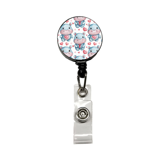 Cute Hippopotamus Hearts Watercolor Retractable ID Key Card Name Tag Badge Holder with Clip