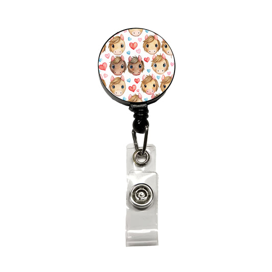 Cute Horse Faces Hearts Watercolor Retractable ID Key Card Name Tag Badge Holder with Clip