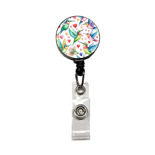 Cute Hummingbirds Hearts Watercolor Retractable ID Key Card Name Tag Badge Holder with Clip