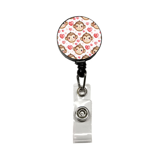 Cute Monkey Faces Hearts Watercolor Retractable ID Key Card Name Tag Badge Holder with Clip