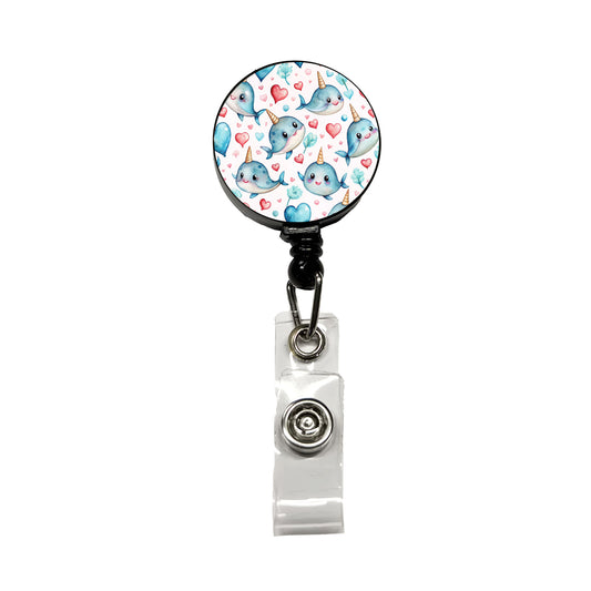 Cute Narwhals Hearts Watercolor Retractable ID Key Card Name Tag Badge Holder with Clip