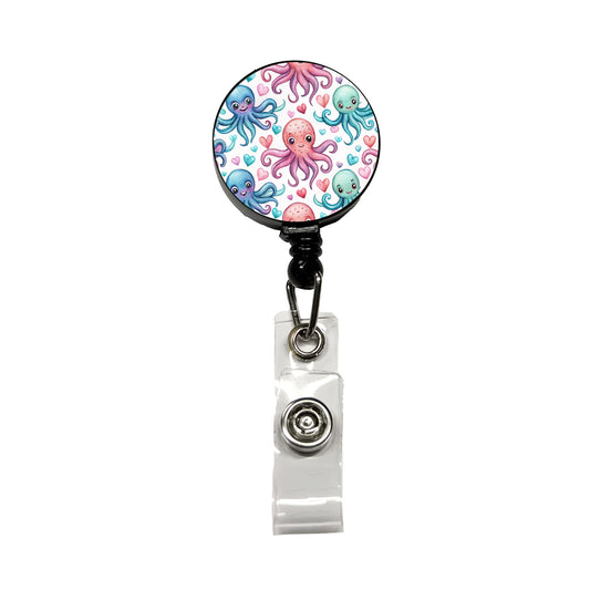 Cute Octopus Hearts Watercolor Retractable ID Key Card Name Tag Badge Holder with Clip