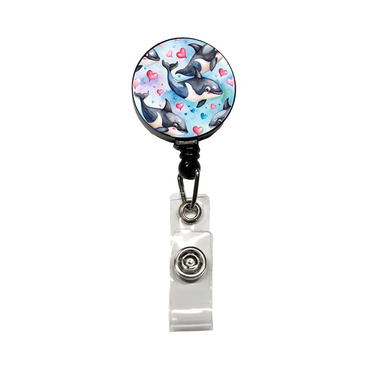 Cute Orcas Whales Hearts Watercolor Retractable ID Key Card Name Tag Badge Holder with Clip