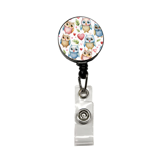 Cute Owls Hearts Watercolor Retractable ID Key Card Name Tag Badge Holder with Clip