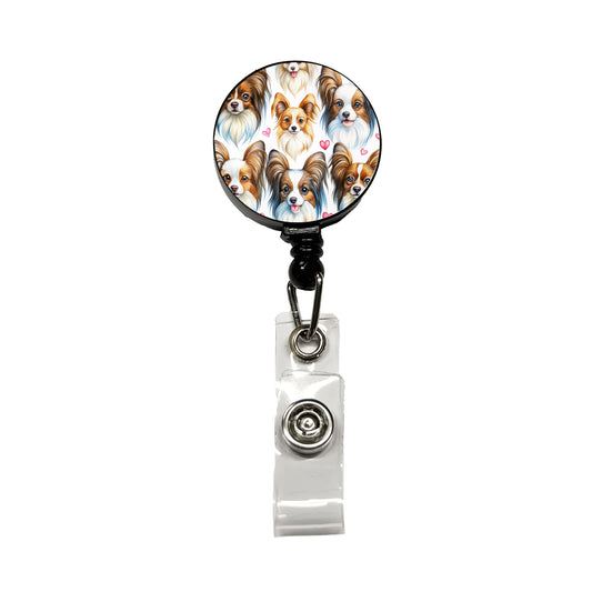 Cute Papillion Dog Faces Hearts Retractable ID Key Card Name Tag Badge Holder with Clip