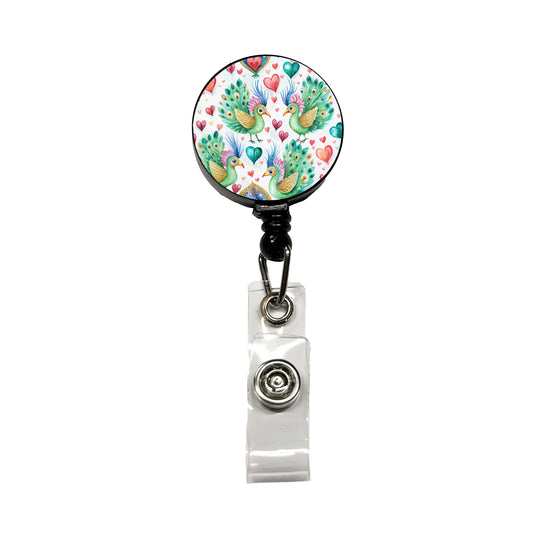 Cute Peacocks Hearts Watercolor Retractable ID Key Card Name Tag Badge Holder with Clip