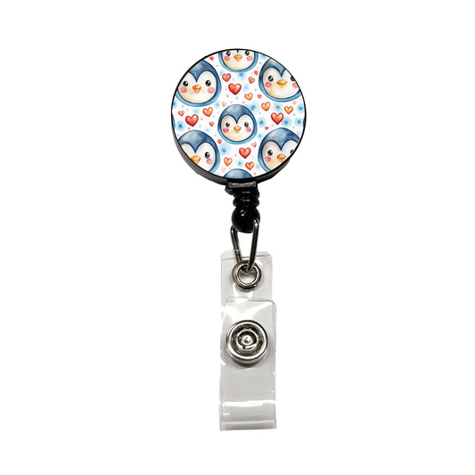Cute Penguin Faces Hearts Watercolor Retractable ID Key Card Name Tag Badge Holder with Clip
