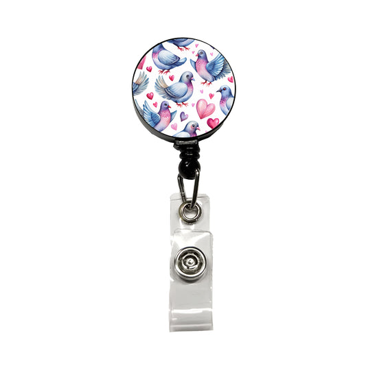 Cute Pigeons Hearts Watercolor Retractable ID Key Card Name Tag Badge Holder with Clip