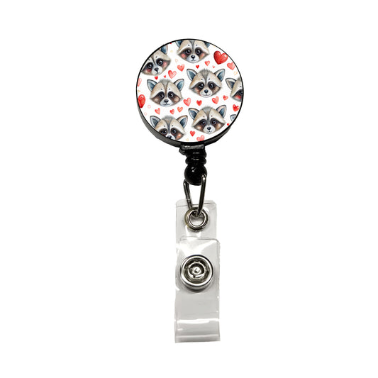 Cute Raccoon Faces Hearts Retractable ID Key Card Name Tag Badge Holder with Clip
